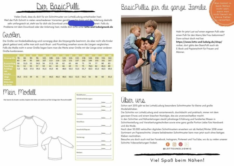 Papierschnittmuster BasicPulli Gr. 80-164