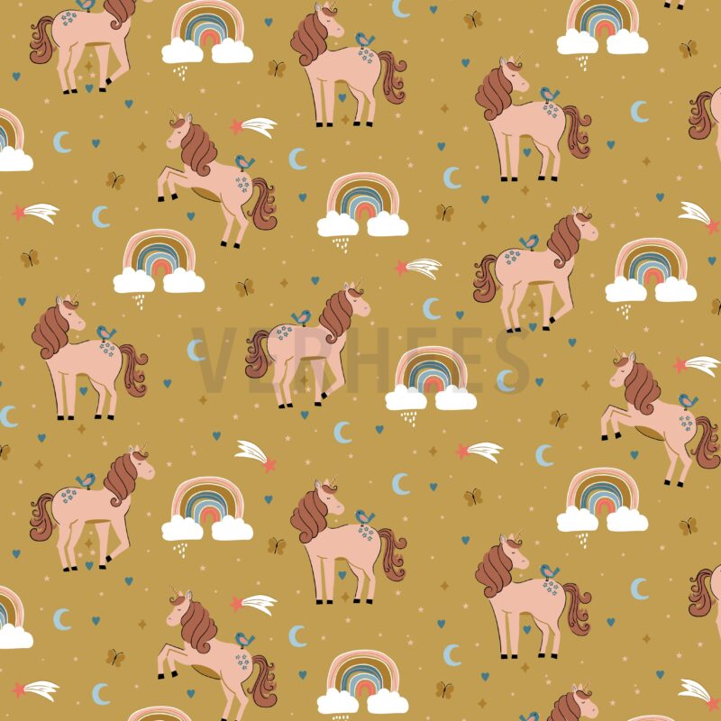 verhees textiles - POPLIN UNICORNS AND RAINBOWS - OCHRE