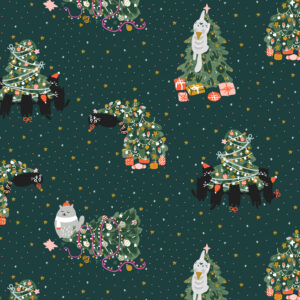 Cotton&Steel Fabrics - It was The Night Before Catmas - Rockin' Around The Catmas Tree - Emerald Metallic