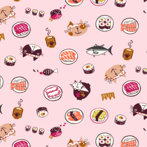 Cotton&Steel Fabrics - Neko No Yume - Sushi To Neko - Pink Salmon Fabric