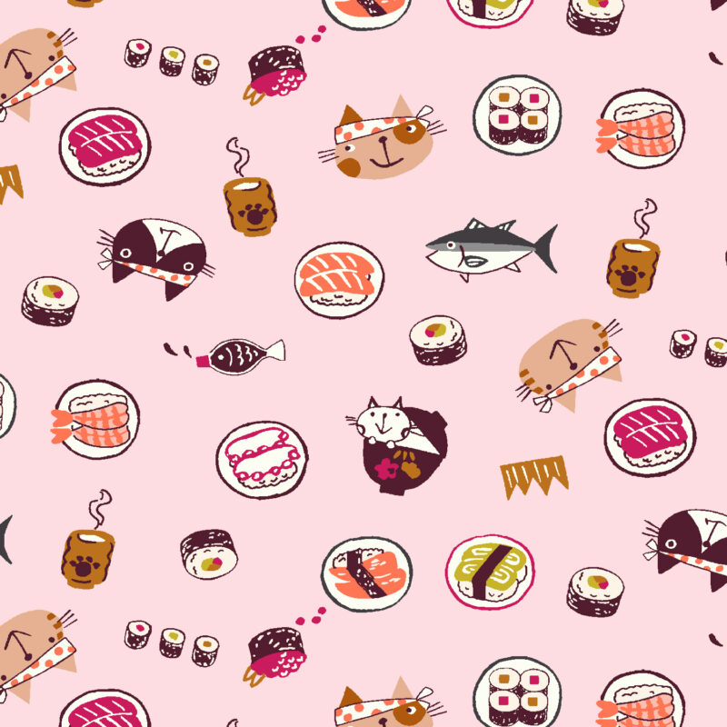 Cotton&Steel Fabrics - Neko No Yume - Sushi To Neko - Pink Salmon Fabric