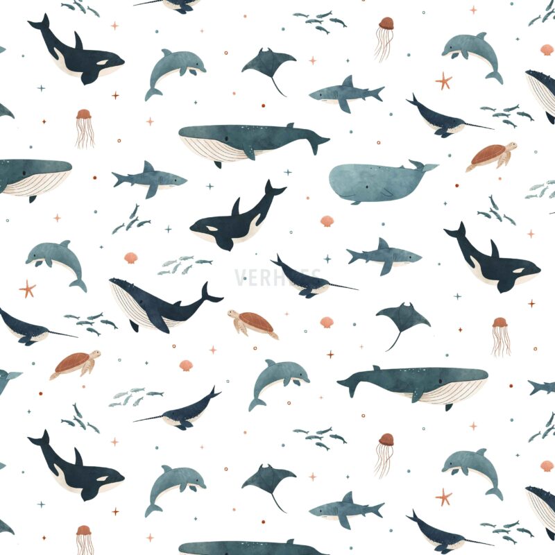verhees textiles - JERSEY DIGITAL OCEAN FRIENDS Weiss / Petrol