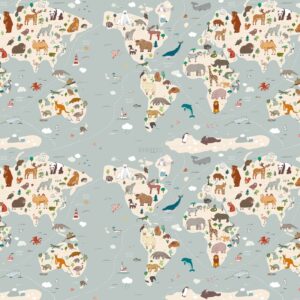 verhees textiles - POPLIN DIGITAL ANIMALS WORLD MAP - TEAL