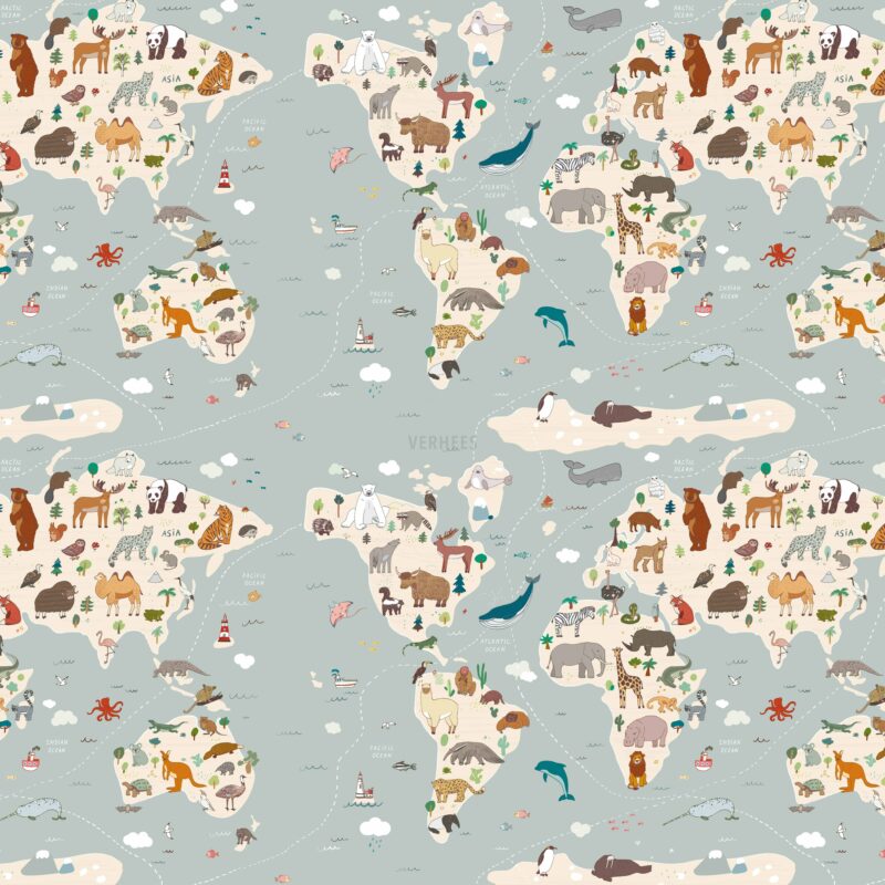 verhees textiles - POPLIN DIGITAL ANIMALS WORLD MAP - TEAL