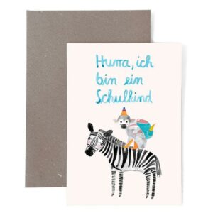 Frau Ottilie - Grußkarte zur Einschulung *Schulkind* mit Zebra und Affe