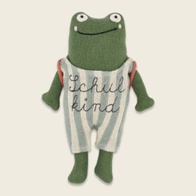 Frosch „Schulkind“ grün, mit Schulranzen und Anzug in blau/creme, 20cm