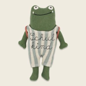 Frosch „Schulkind“ grün, mit Schulranzen und Anzug in blau/creme, 20cm