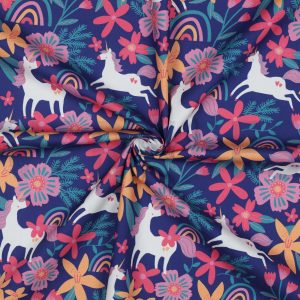 verhees textiles - FINE POPLIN FLOWERS AND UNICORNS - COBALT