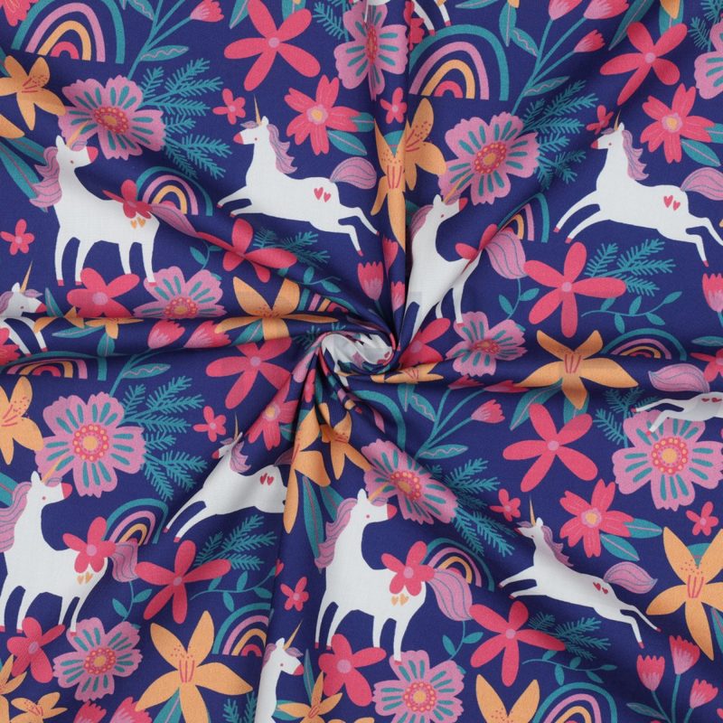 verhees textiles - FINE POPLIN FLOWERS AND UNICORNS - COBALT