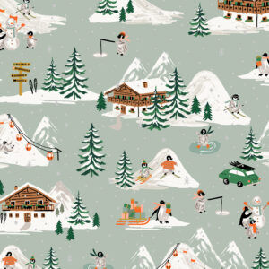 Cotton&Steel Fabrics - Holiday Classics - Penguin Village - Mint And Metallic Gold Metallic