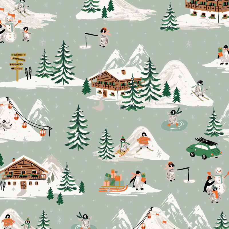 Cotton&Steel Fabrics - Holiday Classics - Penguin Village - Mint And Metallic Gold Metallic