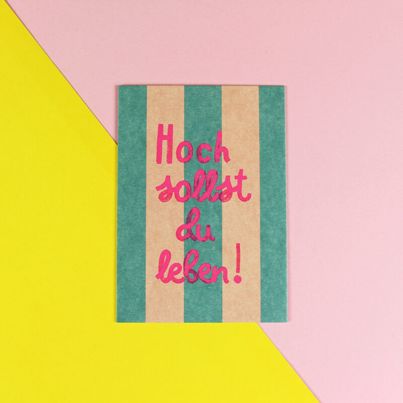 Ava&Yves - Postkarte Hoch sollst Du leben petrol/rosa - Neon Pink